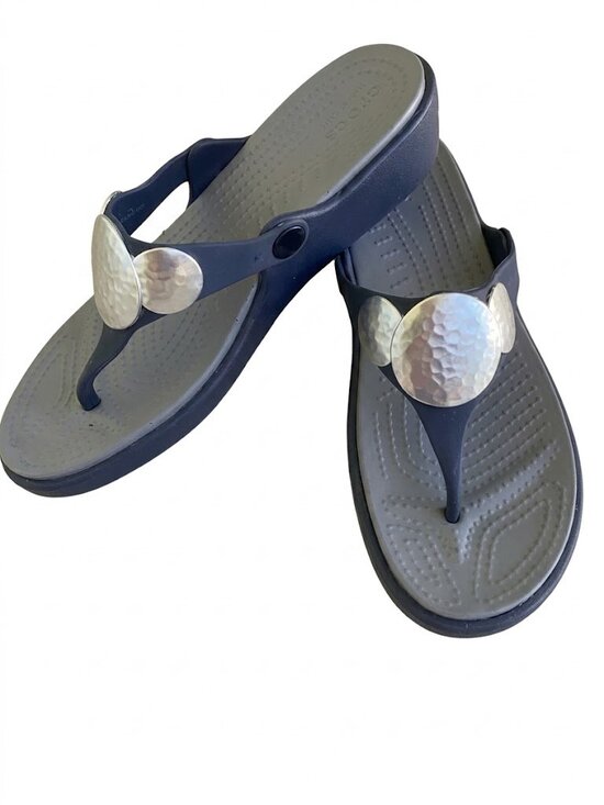 CROCS Shoes - CROCS Navy and Gray Wedge Thong Sandals with Hammered Silver Discs